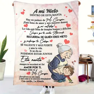 Abuela "To My Grandson" Love Letter Flannel Blanket, Spanish Grandmother-to-Grandson Inspirational Throw with Cartoon & Handwritten Font, Butter-Soft, Fade-Resistant, Cozy for Latino Families