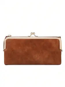 Vintage Brown PU Leather Kiss Lock Wallet for Women - Bi-Fold Zipper Purse with Card Slots & ID Window Long Wallet, Minimalist Gift for Girls