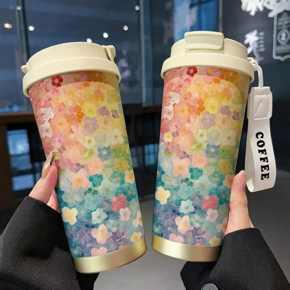 18oz floral insulated tumbler with straw portable stainless steel travel cup for hot cold drinks