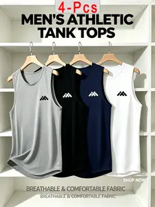 4-Pack Sleeveless Quick-Dry Sports Tank Tops, If Letter Print, Summer Fashion Unisex T-Shirts, Activewear Fitness Workout, Comfortable Breathable Workout Wear, Sleeveless Gym Tops