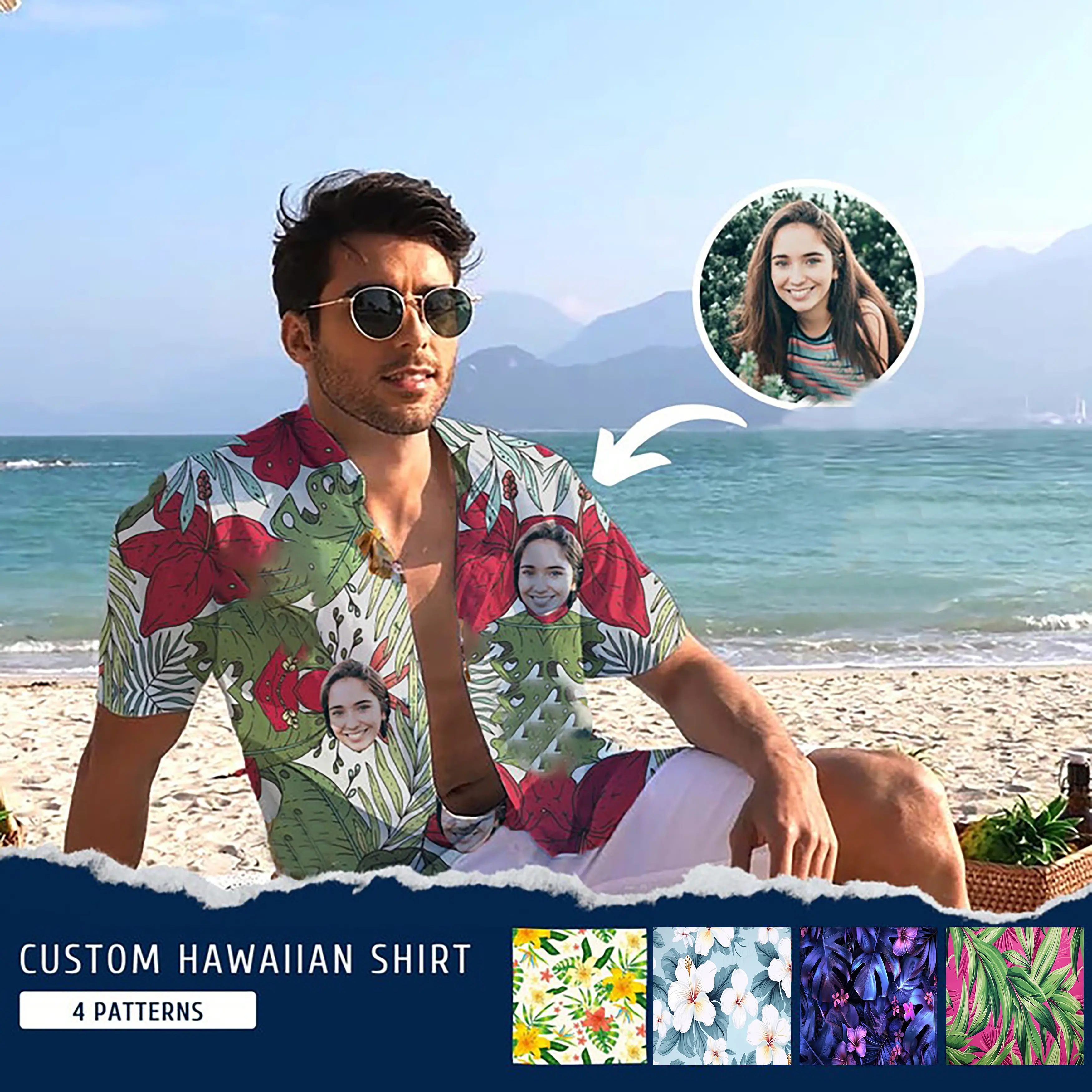 Personalized Face Hawaiian Shirt, Custom Summer Casual Top Man Menswear Stylish Tropical Breathable Customized Day Print Soft Sun