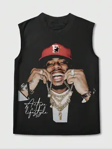 Men's Letter & Graphic Print Round Neck Tank Top, Vest Top, Regular Fit Stretchy Fashion Casual Slim Sleeveless Top for Summer, Men's Clothes for Daily Wear, Menswear