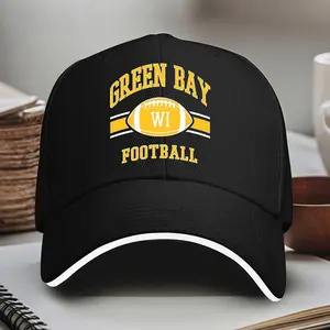 Green Bay Football Themed Baseball Cap - Adjustable Dad Hat with Bold Yellow Lettering & Football Graphic, Black Sun Protection Hat for Men & Women, Perfect for Outdoor Sports, Camping, Hiking - Great Gift for Christmas, Thanksgiving, Father’s Day