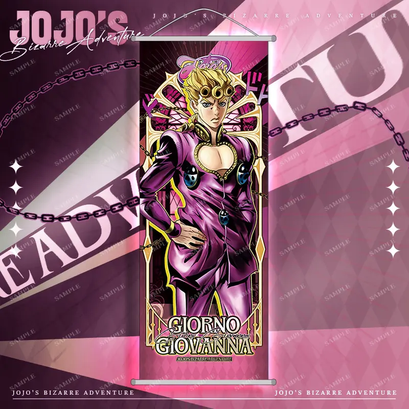 Anime JOJO wall scroll featuring Jotaro Kujo Fashion Accessories, heat transfer printed on satin fabric.  A JOJO's Bizarre Adventure merchandise wall hanging.