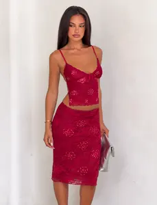 KIRRA BEADED SEQUIN LACE MIDI SKIRT - RED