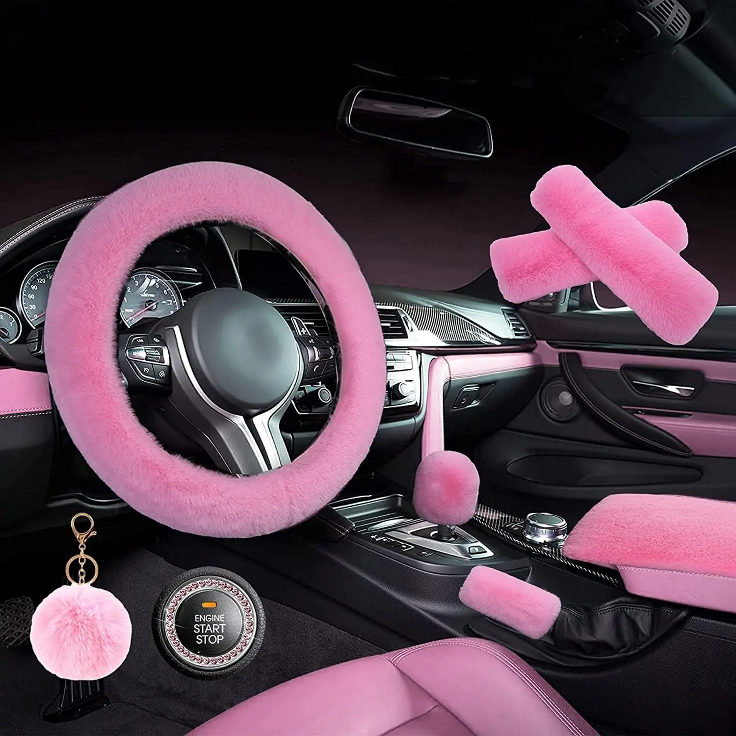 1 Set 8 count Fluffy Steering Wheel Cover Set,Warm Soft Fuzzy Steering Wheel Covers for Women/Girls,Universal 15 Inches Girls  Accessories ()