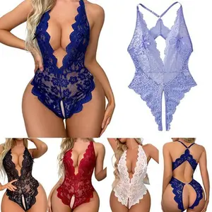 Women's Sexy Lace Mesh Teddy Bodysuit, Deep V Halter Open Back Lingerie Jumpsuit, Floral Lace Crotchless Nightwear, Perfect for Date Night & Daily Wear, Bold Confident Style