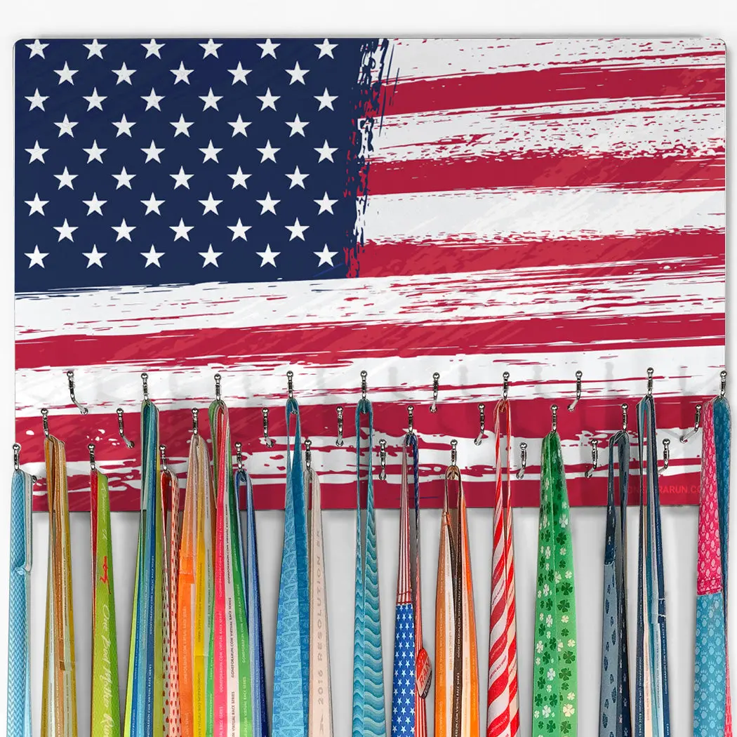 Large Wall Mount Medal Display Organiser with Decorative Fastener Frame Hooks & Rails, Patriotic Flag Distressed Look Running Hook, Ideal Gift for Runners with "Run Free Finish Strong" Design