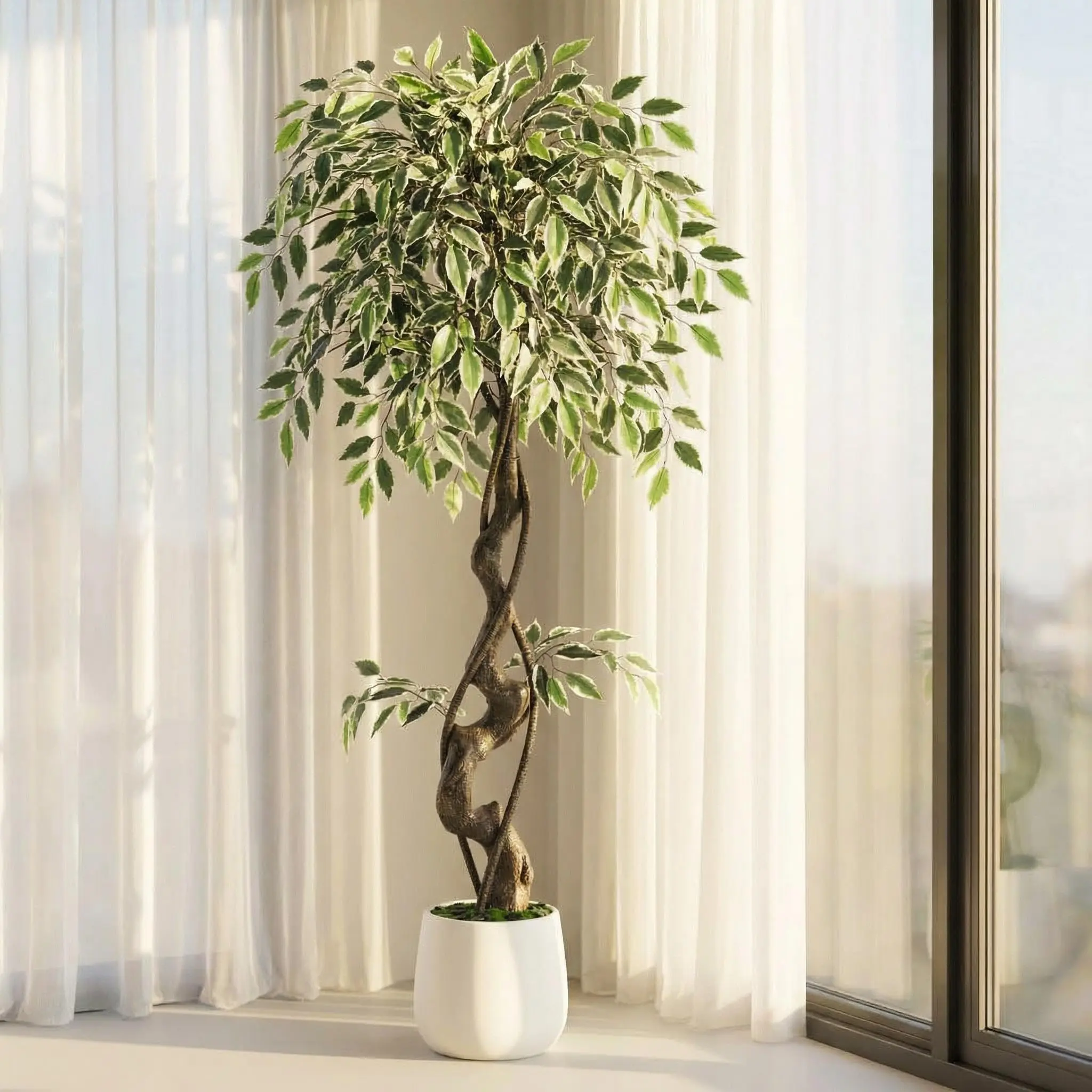 4ft Minimalist Decorative Lifelike Artificial Ficus Tree, Fake Floor Plant with White-Edged Leaves, Moss & Pebbles for Home Office Indoor Furniture Decor