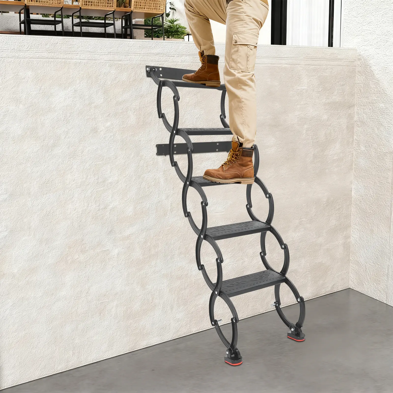 5-Step High Manganese Steel Retractable Folding Stairs for Attic Loft, Shop, Warehouse, Basement, Stairwell, Rooftop, 200kg/440lbs Per Step Load, 40*145cm Unfolded Size, Electrostatic Spray Coating, Includes 1 English Manual