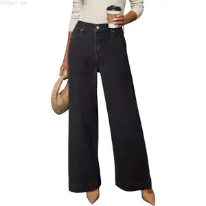 Women's Casual High Waisted Jeans Stretch Button Wide Leg Loose Denim Pants with PocketsC38tool que