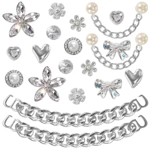 20 Pcs Bling Shoe Charms for Women, Plastic Rhinestone Flower Pearl Gems Shoe Charms, Sparkling Silver Shoe Chains, DIY Sandals Clog Shoe Decoration Charms for Birthday Favors Party Accessories