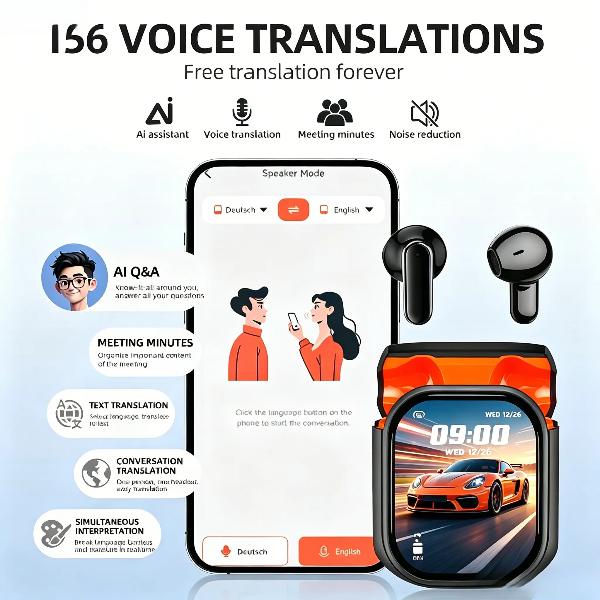 Open Ear Bluetooth Headset - IPX5 Waterproof Electronic Earbuds for Runners, Workout, Low Latency Gaming, AI Real-Time Translation, 24H Battery Life