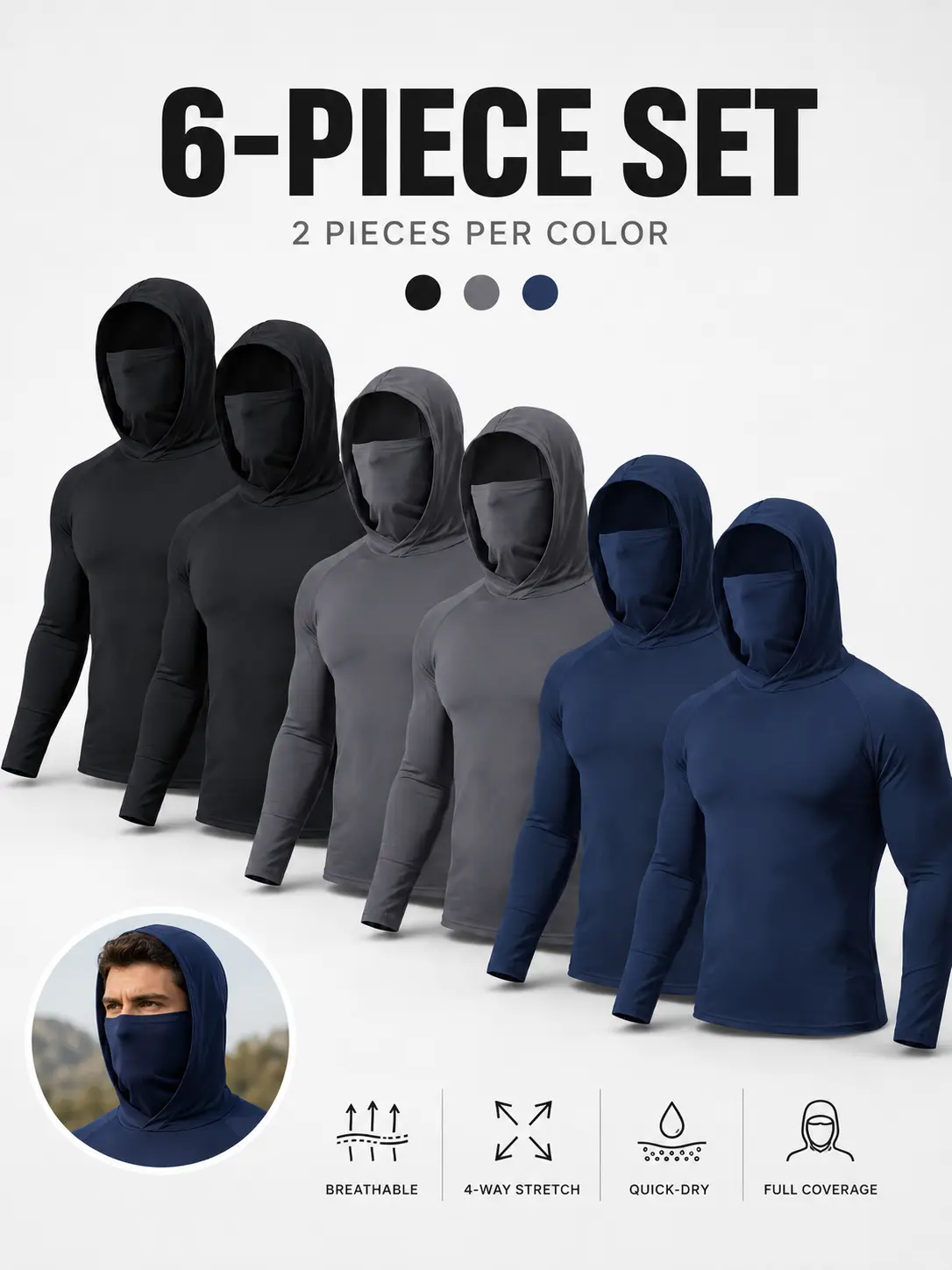 Men’s 6-Pack Lightweight Sun Protection Work Hoodies - Long Sleeve Breathable Activewear Shirts with Face Mask for Hot Weather Outdoor Jobs