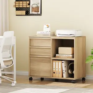 3-Drawer File Cabinet with Open Shelves, Rolling Lateral Printer Stand for Home Office, Wood Office Storage Organizer for Letter/A4 Size Files, Office Supplies Storage Rack with Wheels