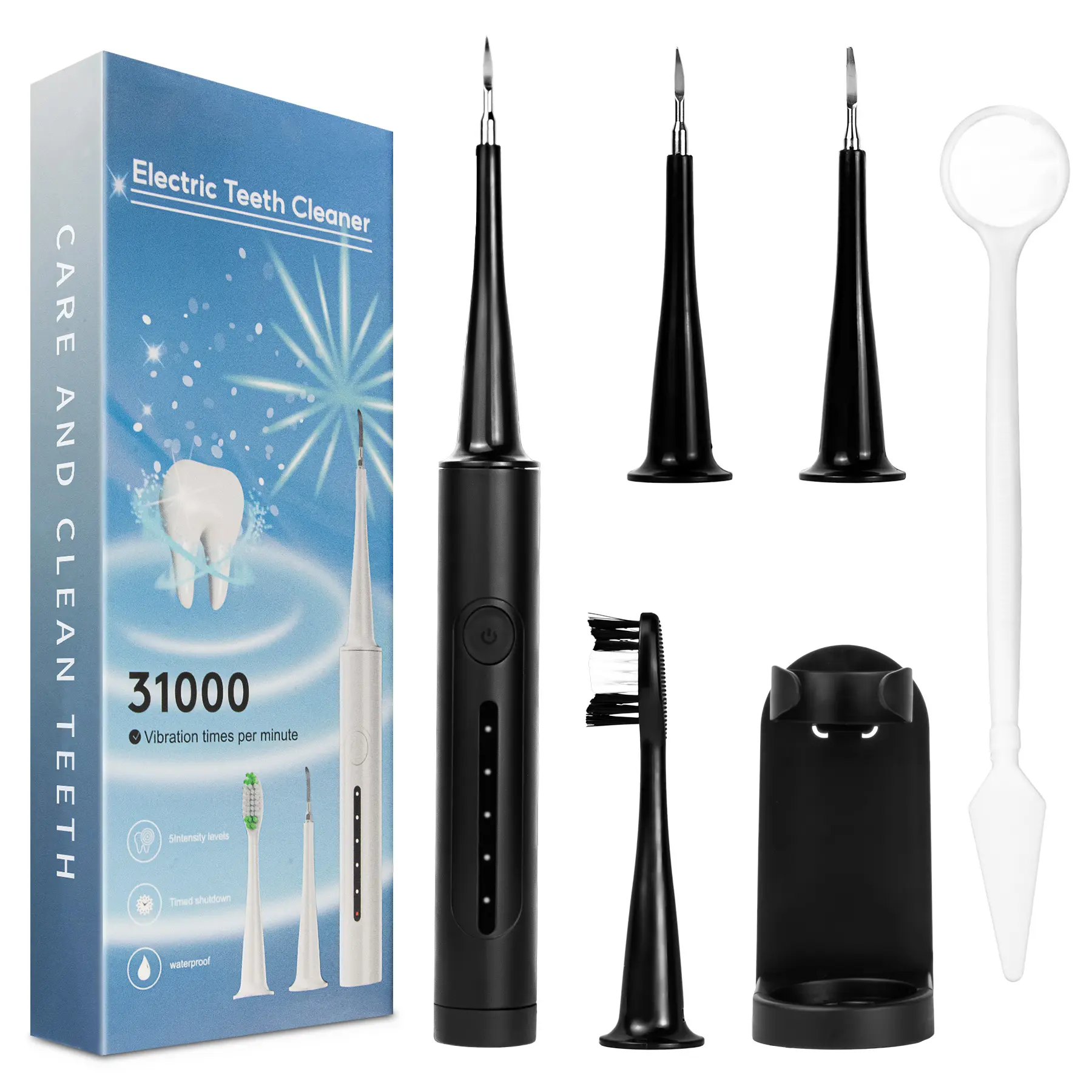 Rechargeable Oral Plaque/Tartar Remover for Teeth, Oral Care Set with LED Light, Brush Head and 5 Adjustable Modes, Suitable for Adults, Teens and Pets