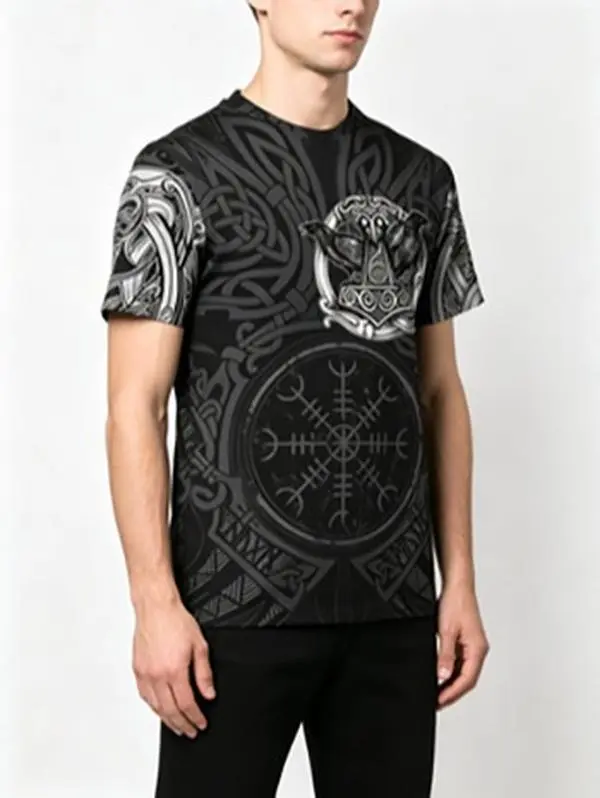 Viking mythology short sleeved round neck breathable casual T-shirt, 3D digital printed summer men's T-shirt pullover