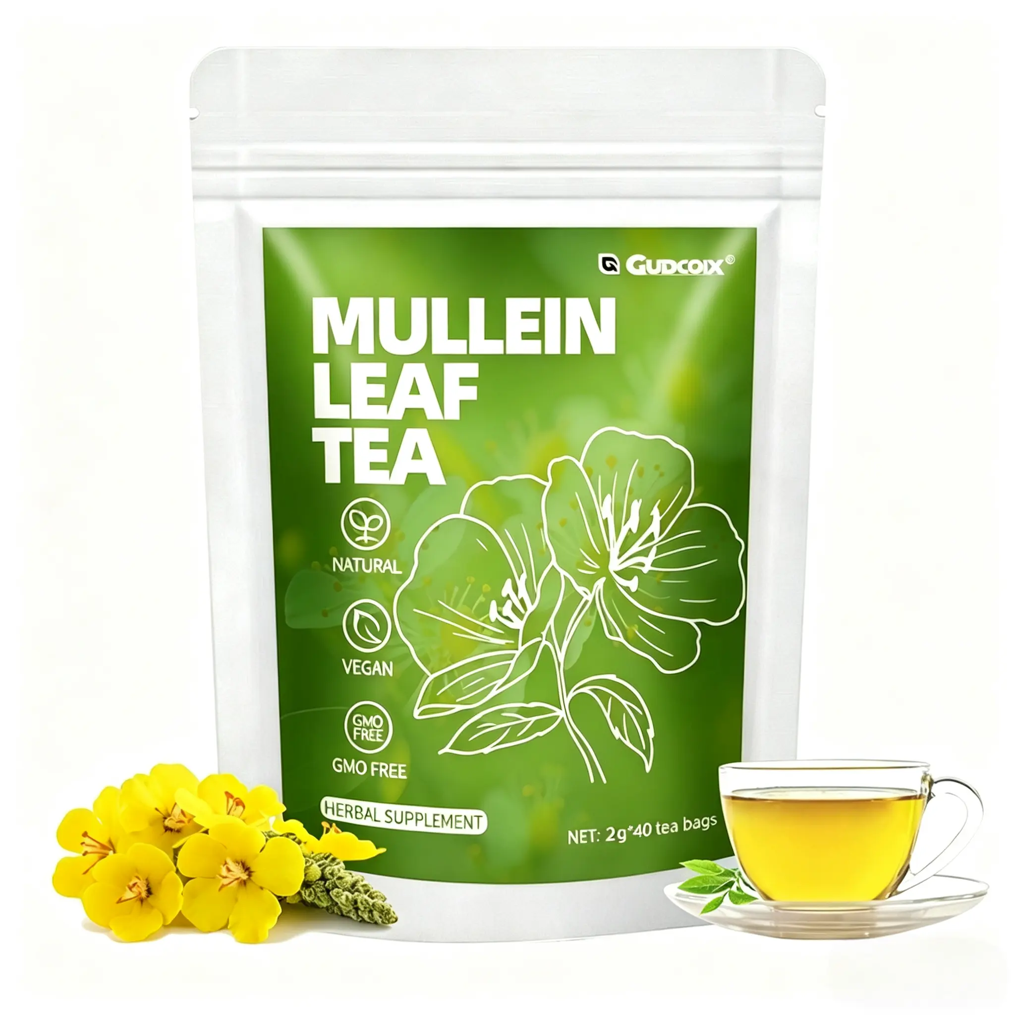 Pure Mullein Leaf Tea - Herbal Supplement for Breathing Support, Natural Vegan GMO Free, 40 Tea Bags for Lung Wellness