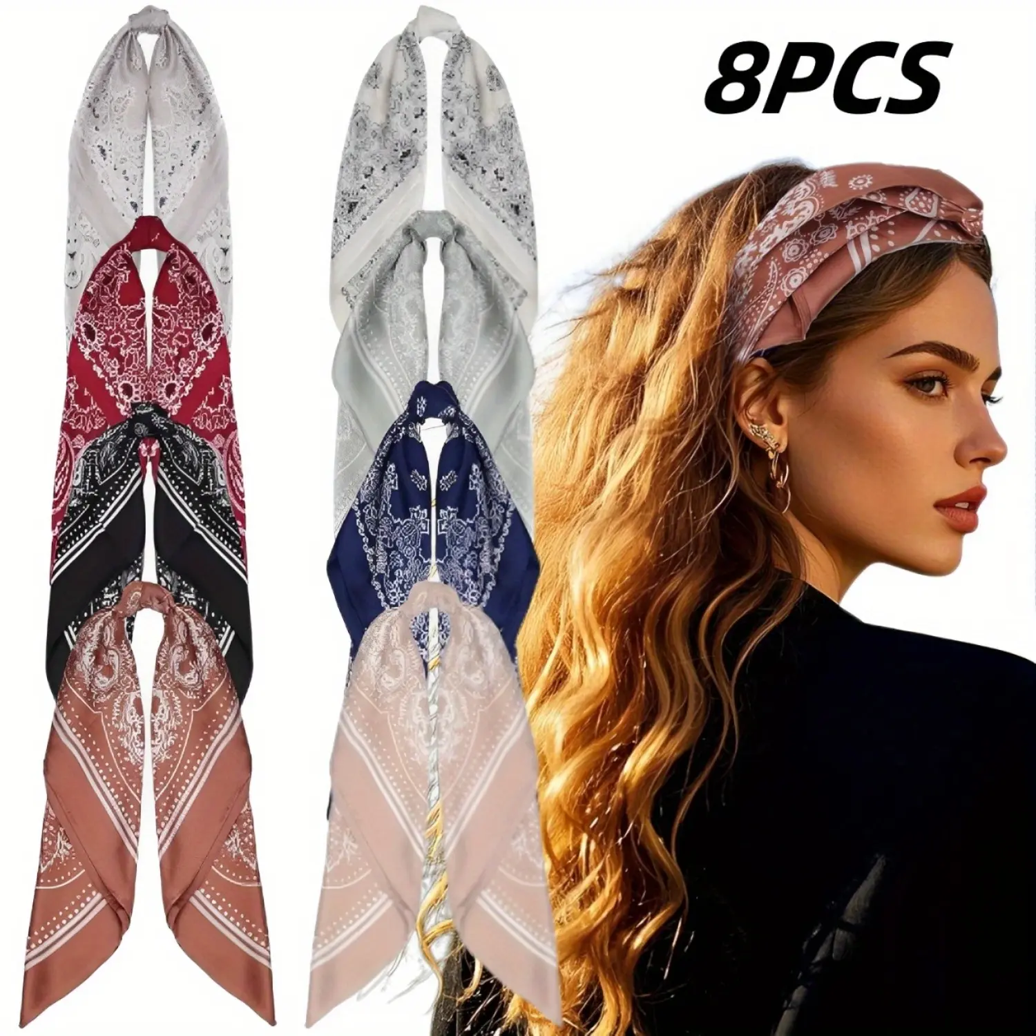 8-Pack Silky Satin Headscarves for Women, Large 27.5-inch Square Hairwraps, Multifunctional Solid Color Kerchief for Daily Use