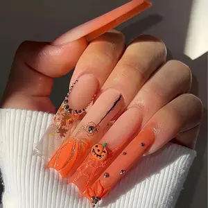 24Pcs Halloween Long Coffin Press on Nails with Glue Cartoon Design Full Cover French Acrylic Nail Tips Pumpkin Ghost Nail Tools
