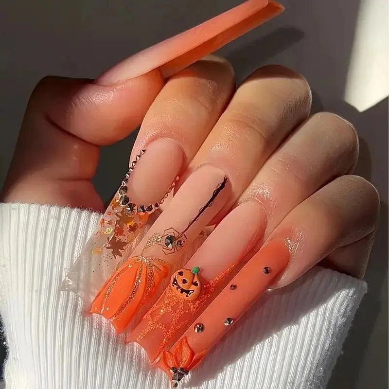 24Pcs Halloween Long Coffin Press on Nails with Glue Cartoon Design Full Cover French Acrylic Nail Tips Pumpkin Ghost Nail Tools