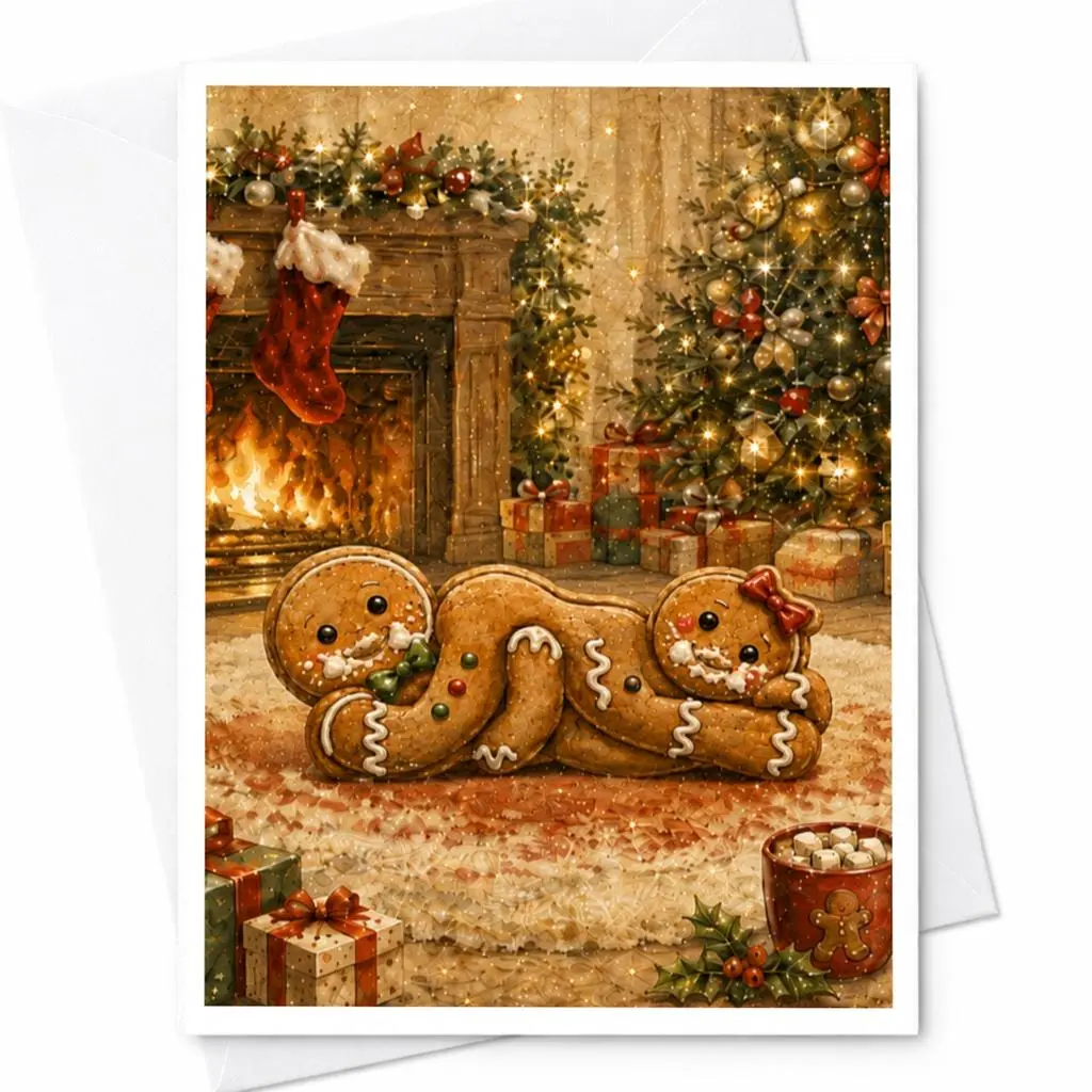 Gingerbread Couple Christmas Card Cozy Holiday Greeting Card Cute Festive Fireplace Scene For Family Friends Seasonal Card C5531