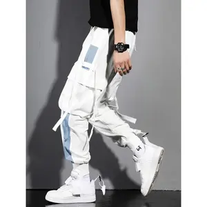 Multi-pocket Ribbon Design, Men's Color-blocking Cargo Pants, Fashionable Comfortable Joggers