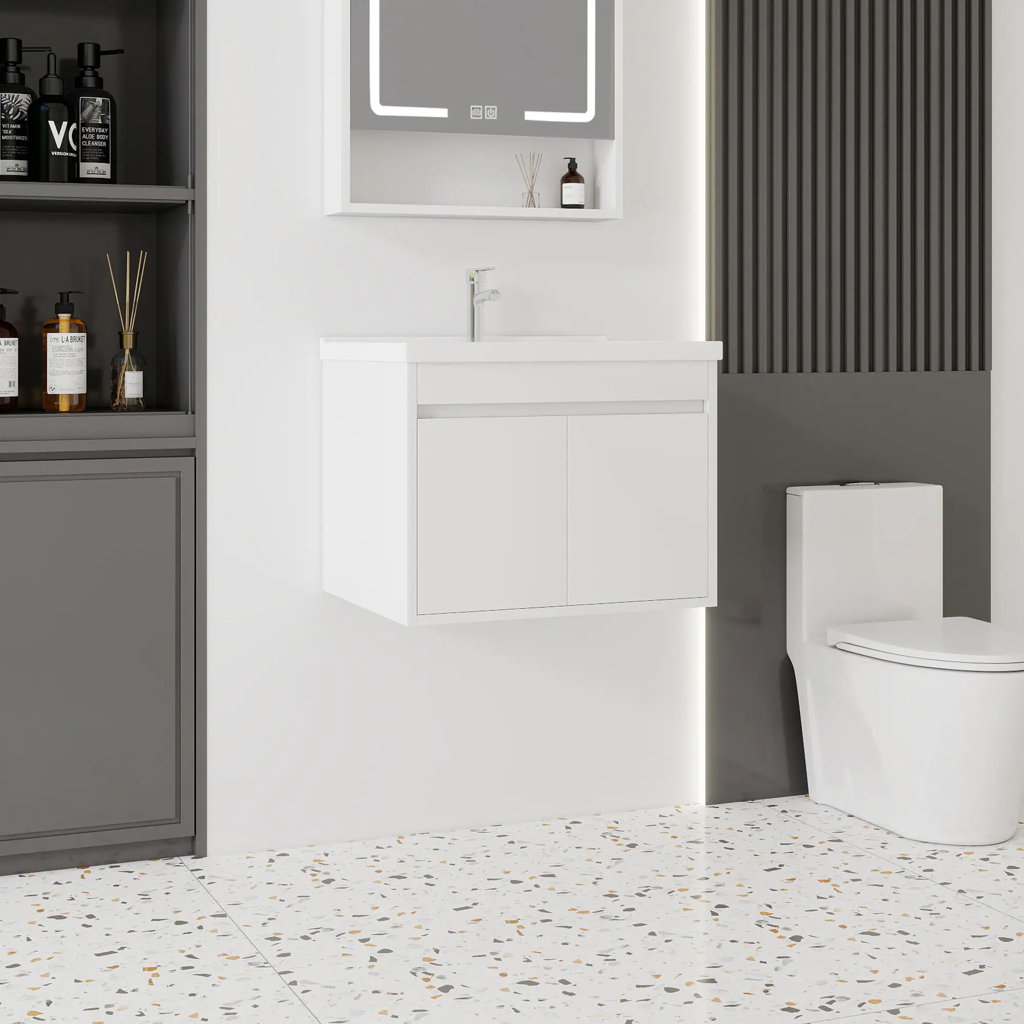 24 Inch White Floating Wall Mount Bathroom Vanity, Solid Moisture Resistant Waterproof Plywood Cabinet, Soft Close Double Storage Doors, Integrated Square Anti-Splash Ceramic Sink, Flat Pack DIY Assembly Kit,  No faucet and drainage pipe