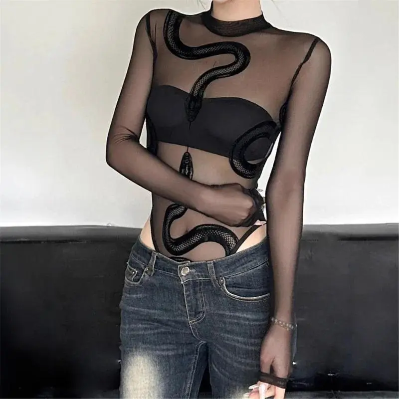 Elegant Gothic Snake Print Mesh Body Suit, Long Sleeve Transparent Top with Punk Style, Classic, Tropical Style, Going Out, Timeless, Nightlife, Beachwear, Work Appropriate, Layering Piece, Loungewear Style