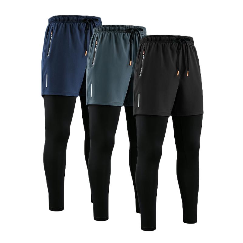Men’s 2-in-1 Slim-Fitting Polyester-Elastane Blend Athletic Leggings - High Stretch, Quick Dry, Anti-Friction, Breathable, Plain, All Seasons, Multi-Functional Pockets (Father’s Day Gift for Active Dads) - Suitable for Gym, Jogging, Polyester Blend