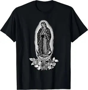 Our Lady of Guadalupe Graphic T-Shirt, Monochrome Vintage Catholic Print Tee, Oversized Comfort Colors Shirt, Mexican Religious Casual Short Sleeve Top, Trendy Chicano Aesthetic Cotton Tee for Faith and Cultural Heritage