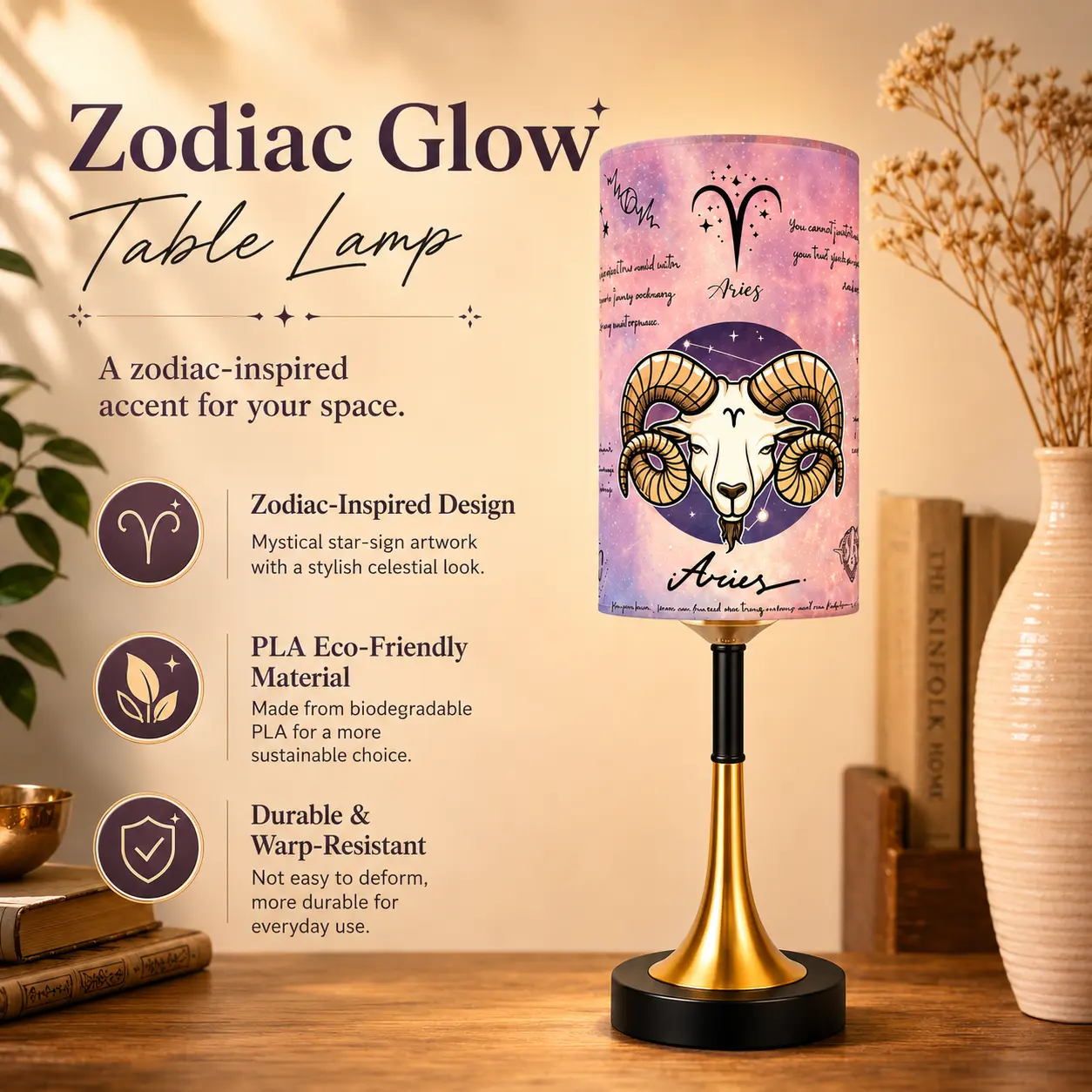CXTVOVZSSY – Zodiac starry sky PLA table lamp, USB-powered constellation bedside lamp, inline button switch golden metal accent lamp, soft warm ambient mini desk lamp for bedroom/dorm spiritual decor birthday gift (all 12 zodiac signs available)