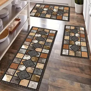 3 Piece Vintage Marble Tile Anti Fatigue Kitchen Rug Set, Cushioned Comfort Standing Mats, Non Slip Machine Washable Floor Rugs for Kitchen Laundry Room Home Decor