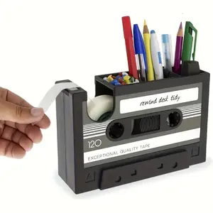 PrimPick Retro cassette tape dispenser with pen holder - Retro magnetic office supplies storage box, PE material, black, with colored stationery, office storage box, Desk Tidy, Stationery storage organizer