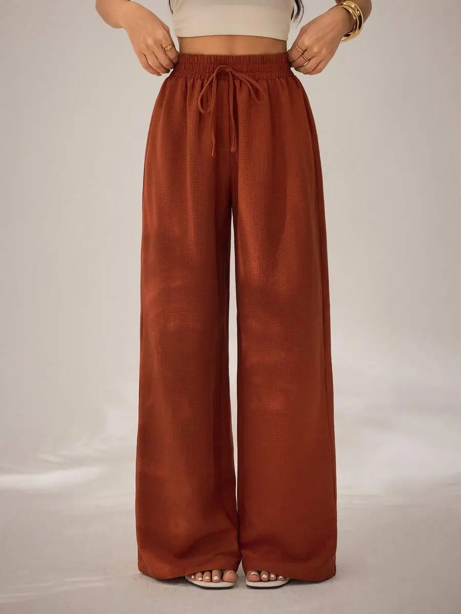 Women's Petite Straight Leg Pants - Textured Woven Knot Detail Pull-On Pair for Work and Errands
