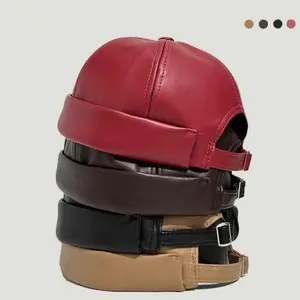 Adjustizable Retro Brimless PU Leather Docker Cap - Solid Color Brimless Hat Suitable for Non-Textile Adjustable Strap Casual & -Casual Wear Ideal for & Sensitive Light Beige