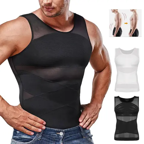 CATTIBOR Men's Solid Color Fitted Compression Tank Top - Tight Sports Vest, Sweat-dry Mesh Sleeveless Activewear Fitness Workout Undershirts with Run-ready Fit for Running, Gym