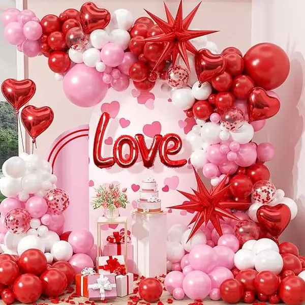 Valentines Day Balloon Arch Garland Kit, White Pink Red Heart Balloons Red Rose Petals for Engagement Anniversary Valentines Day Party Decorations.