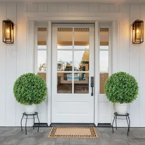 2 Pack Artificial Green Boxwood Topiary Ball with Ground Stakes, UV Resistant Faux Boxwood Balls, Spring Outdoor Decorations for Front Porch, Yard, Garden, and Patio