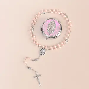 Pearl Rosary Necklace for Women & Men,Catholic Rosary Beads with Virgin Mary Center Piece & Crucifix, First Communion Gifts in Miraculous Metal Gift Box