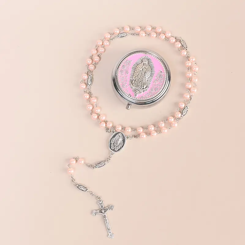 Pearl Rosary Necklace for Women & Men,Catholic Rosary Beads with Virgin Mary Center Piece & Crucifix, First Communion Gifts in Miraculous Metal Gift Box