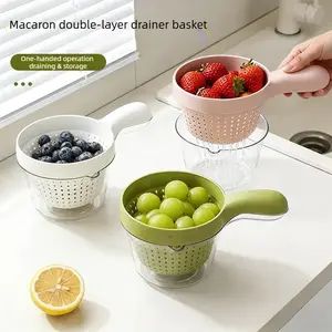 New Blue Handle Double-Layer Fruit Washing Basket/Colander — Cute Compact Household Model for Cleaning Blueberries
