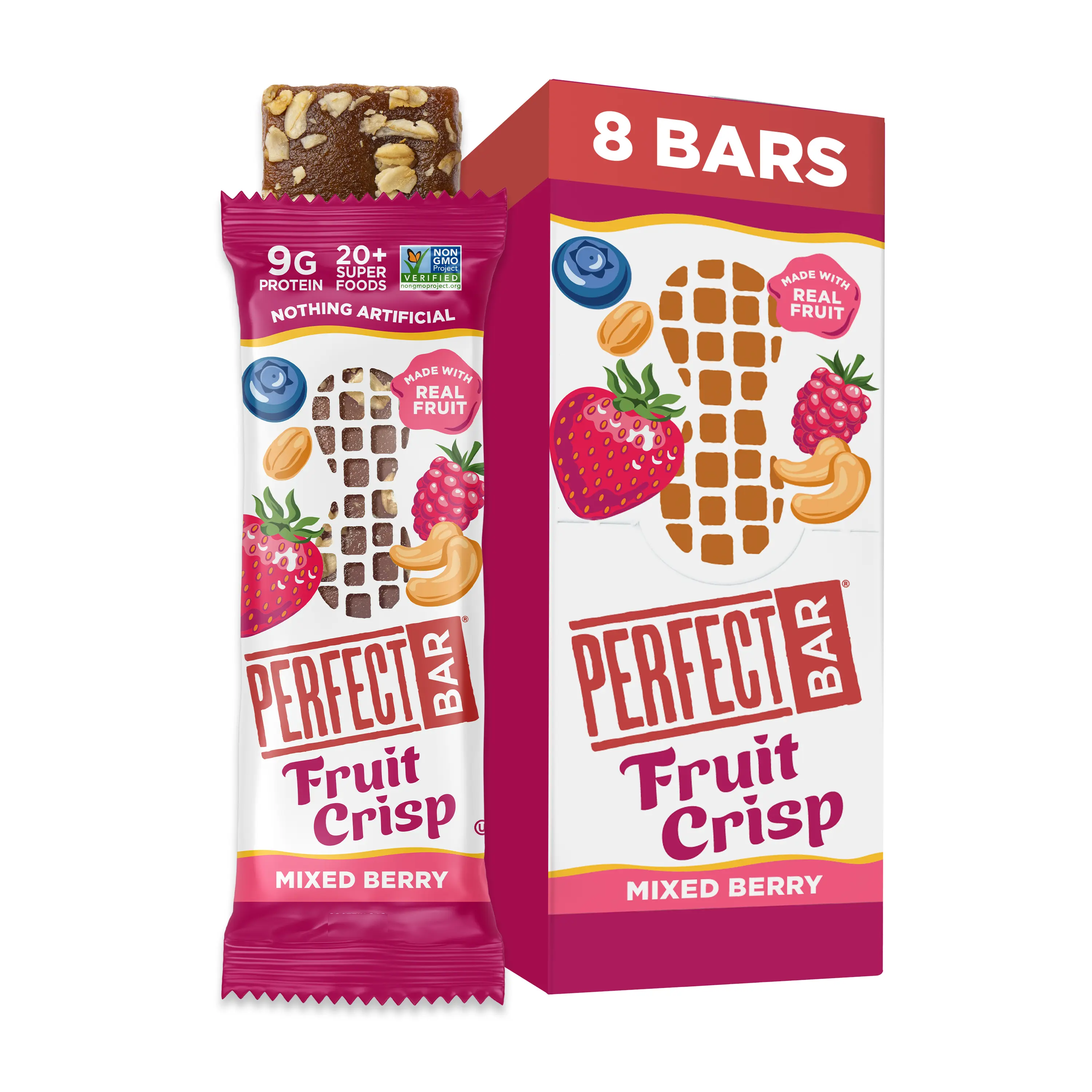 Perfect Bar Mixed Berry Fruit Crisp Snack - Protein Bars, High Protein Snacks, Gluten-Free, Non-GMO, Organic Honey, No Sugar Alcohols, 1.94 oz, 8 Count, Peanut
