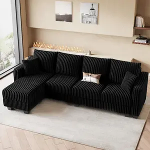 Sectional Couch with L-Shape Chaise L Shaped Couch with Ottoman Sectional Couches for Living Room Corduroy (Black, L Shaped)