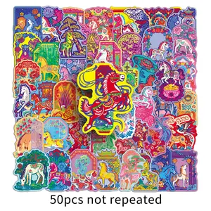 50pcs Year of the Horse Retro Paper-cut Chinese New Year Stickers, suitable for scrapbooks, diaries, laptops, water bottles, cars, etc., featuring faith-based designs and positive messages.