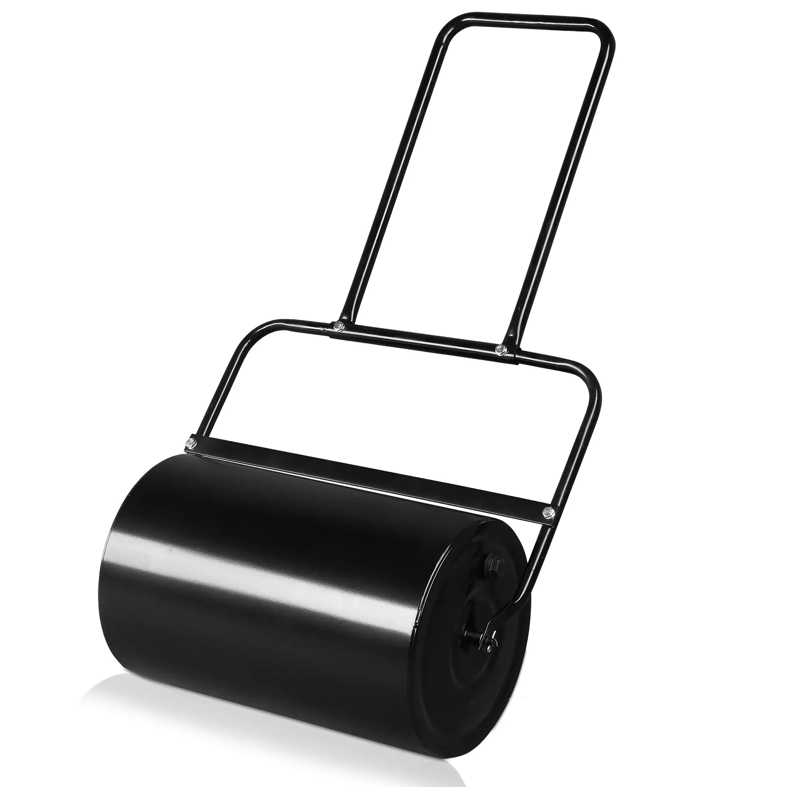 Heavy-Duty Steel Landscaping Lawn Roller Tool, 19.5 in, 10 gal Water-Filled Iron Cylinder with Drain Plug, U-Shaped Handle, Rounded Edges, 23.6 lbs Empty, 43 in Length, Easy Push-Tow for Outdoor Leveling, Black Garden Tool, 10 Gallons, 19.5 Inches