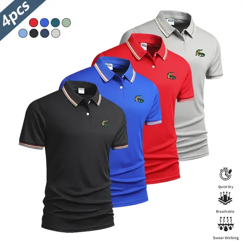 Men’s summer polo shirt set of 4 — breathable, moisture-wicking short sleeves for golf and casual wear; solid color throughout with a simple design; suitable for sports/fitness, outdoor activities, home leisure, shopping, and commuting.