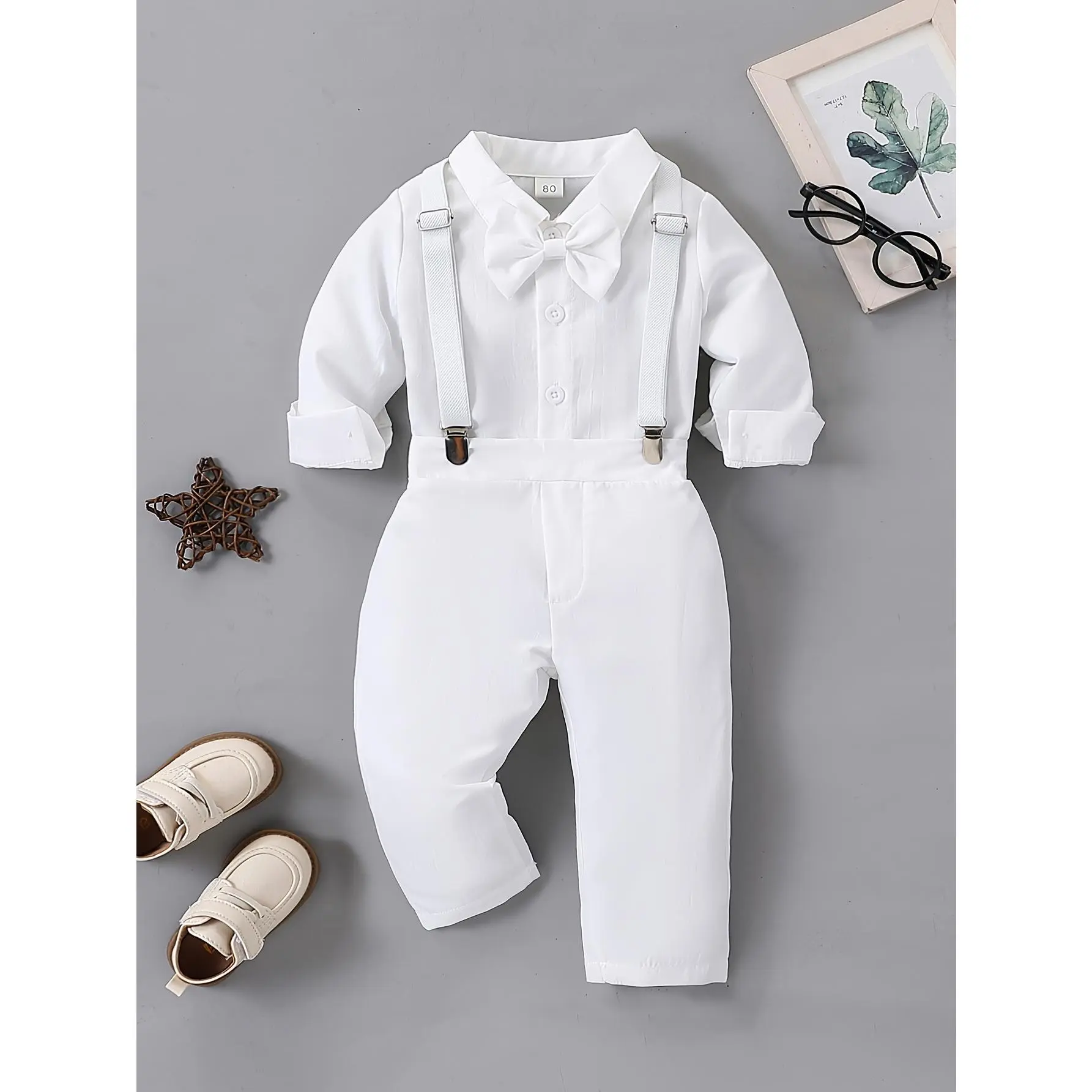 2pcs Boys Baptism Outfit Set: Shirt and Overalls-DMA