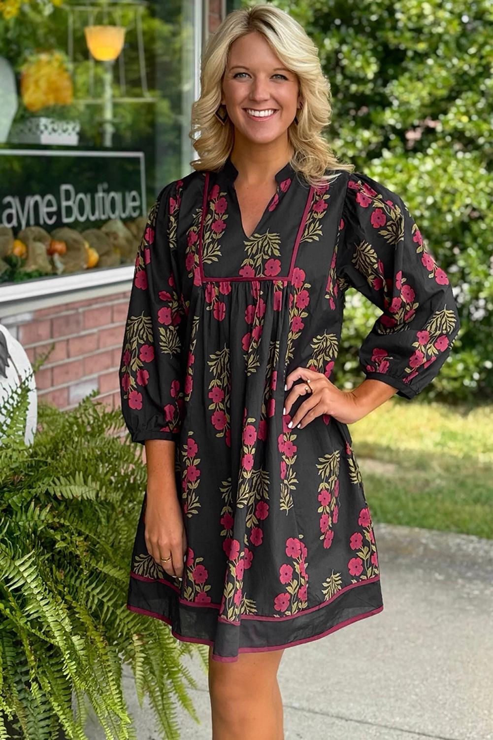 Mntaor Women's Sky Blue Floral Striped Mini Dress with Tie Notched Neck & Puff Sleeves Easy to Wear for Brunch Shopping or Weekend Getaways Mntaor Women's Sky Blue Floral Striped Mini Dress with Tie Notched Neck & Puff Sleeves Easy to Wear for Brunch Shopping or Weekend Getaways
