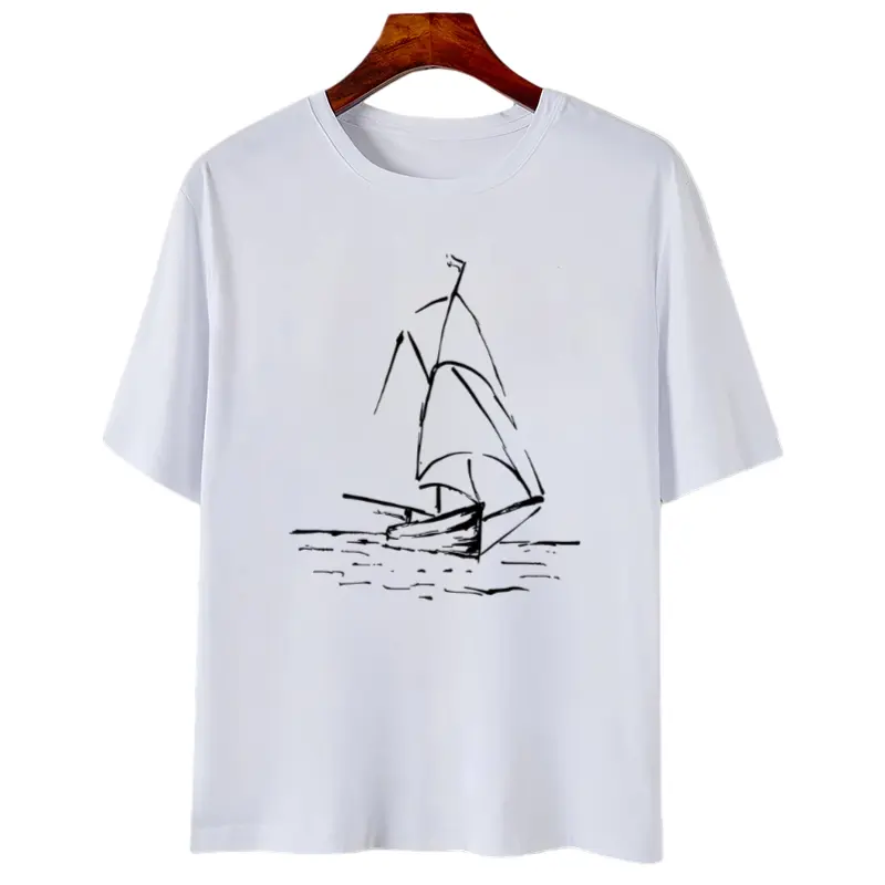 Women's T-Shirt - Retro Nautical Sailboat & Ocean Print Short Sleeve -Compatible Top | Round Neck Suitable for Vacation, Beachwear, Casual Casual Attire | Machine Washable Non- Summer Clothing